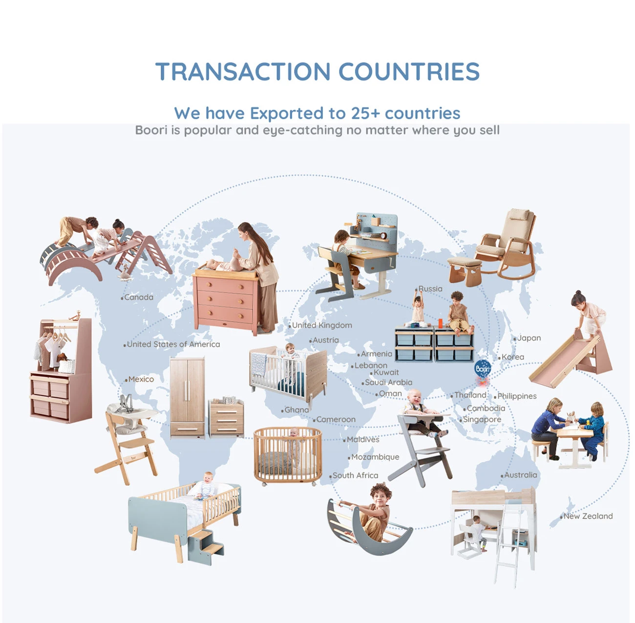 World map showing the export markets of Hanhao wooden children's furniture across more than 25 countries World map showing the export markets of Hanhao wooden children's furniture across more than 25 countries